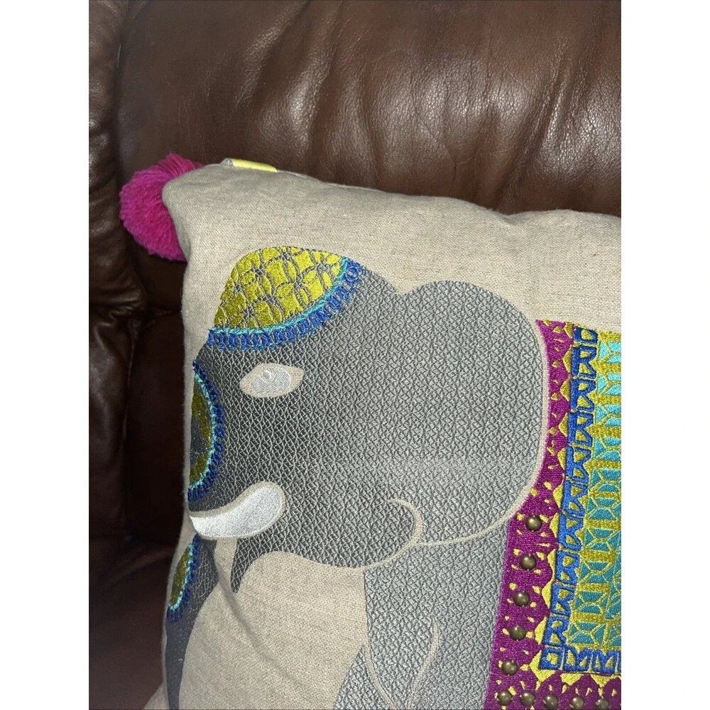 Trina Turk Elephant Embroidered Pom Pillow Square 20X20 Linen/ Cotton India